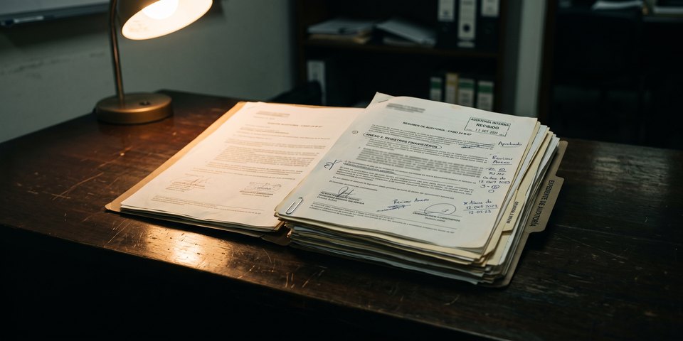 Un expediente de auditoría abierto sobre un escritorio, con anotaciones al margen y el sello de recibido.